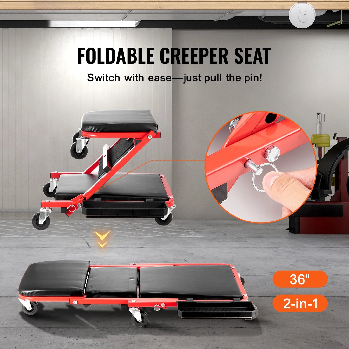 Foldable Garage Creeper Stool With Wheels Padded Seat Tool Tray