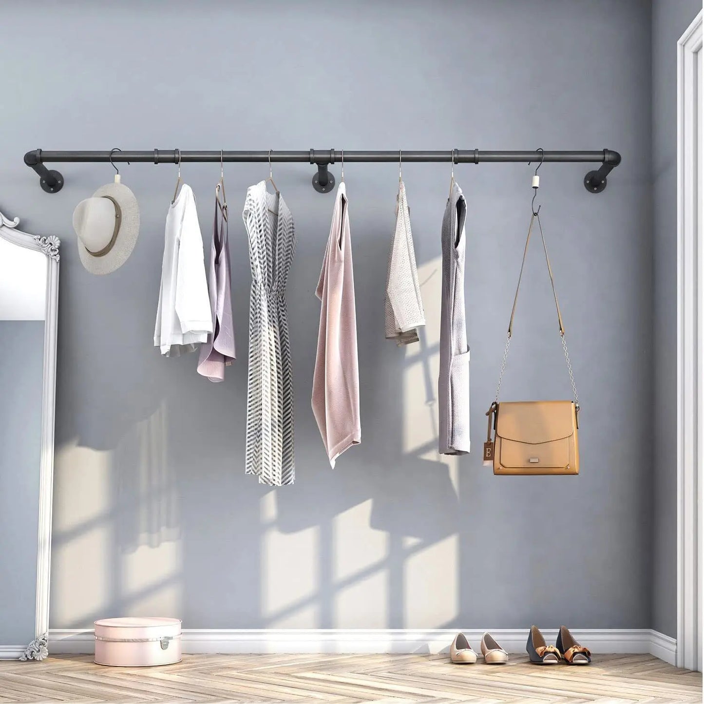 Industrial Pipe Clothes Rack With Wall Mount Shelf And Hooks