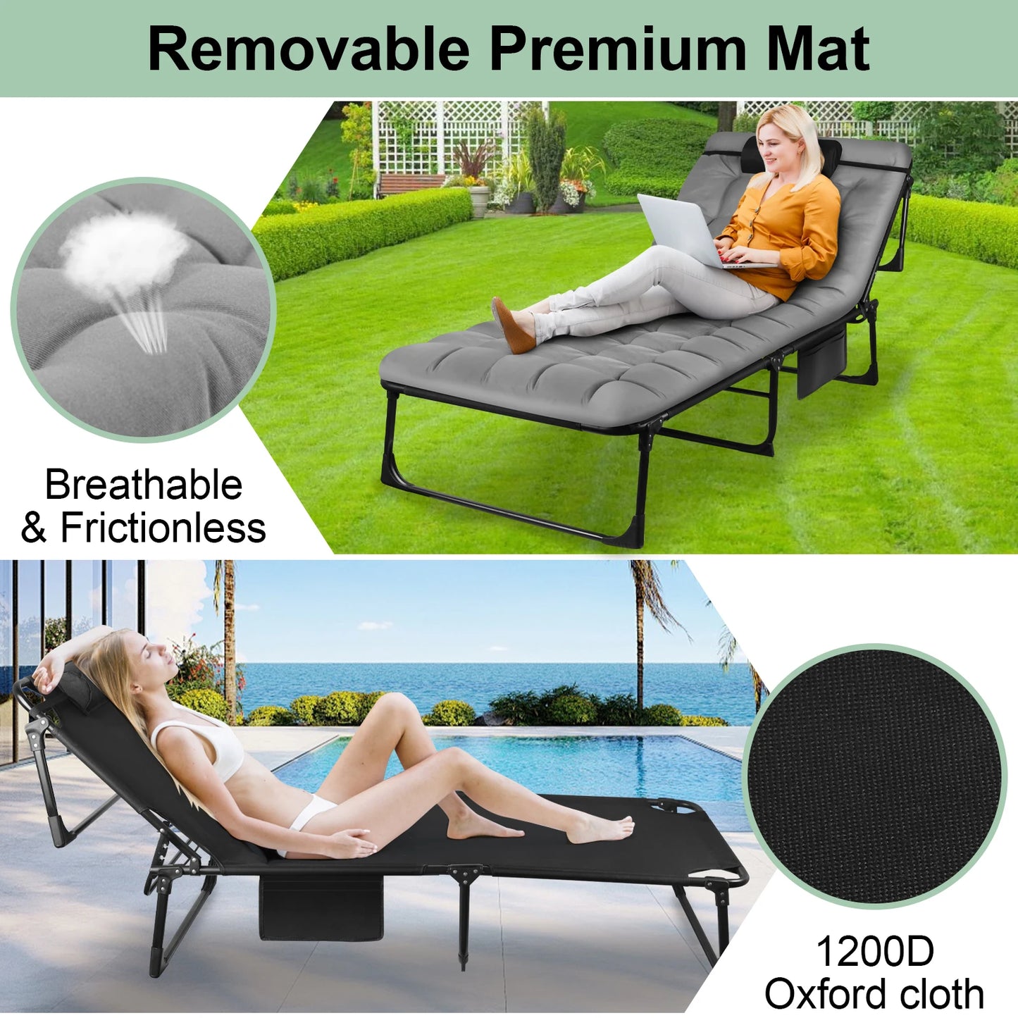 Portable Folding Camping Cot With Pillow And 3-Position Reclining Lounger