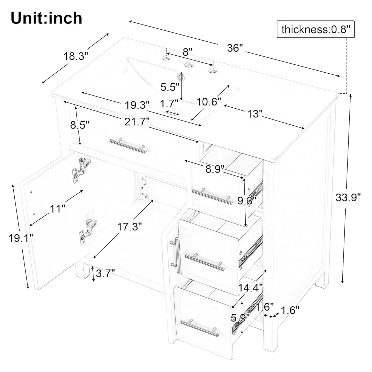 36" Bathroom Vanity with Sink, Bathroom Cabinet with Two Doors and Three Drawers, White Undermount Left Side, Customized