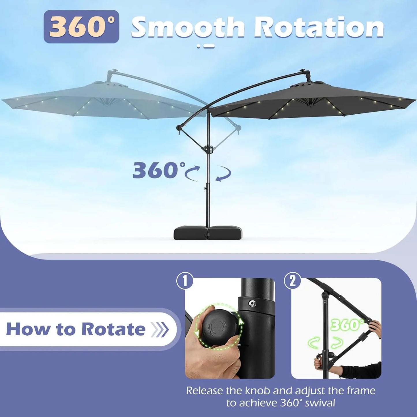 Solar Cantilever Patio Umbrella With Base Included And LED Lights