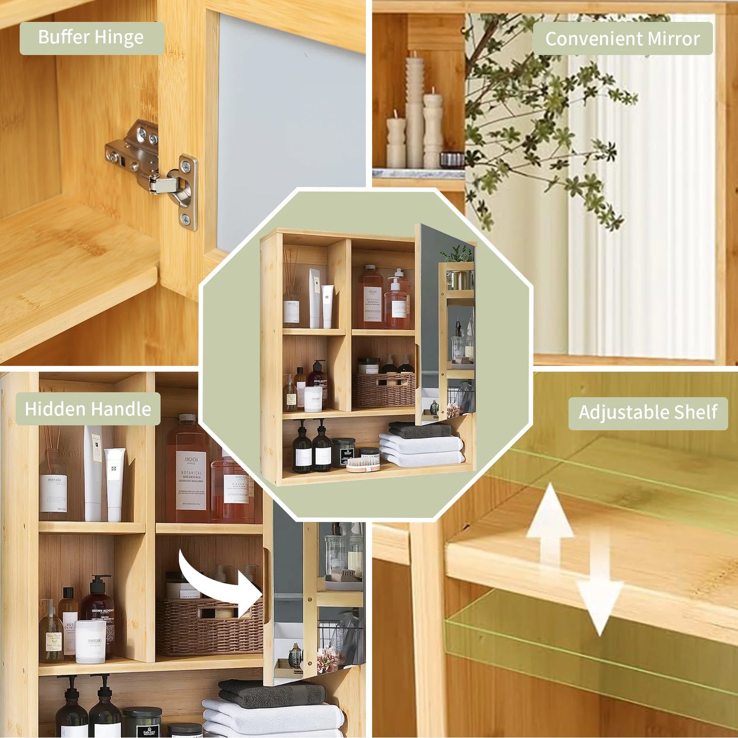 Wisfor Bamboo Bathroom Cabinet With Mirror And Storage Shelves