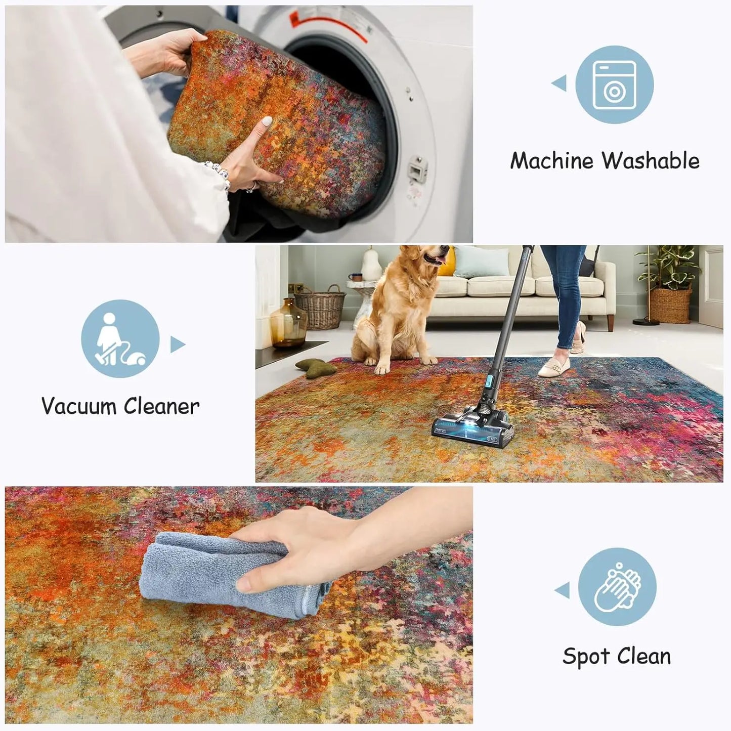 Modern Abstract Washable Rug Non Slip Low Pile Living Room