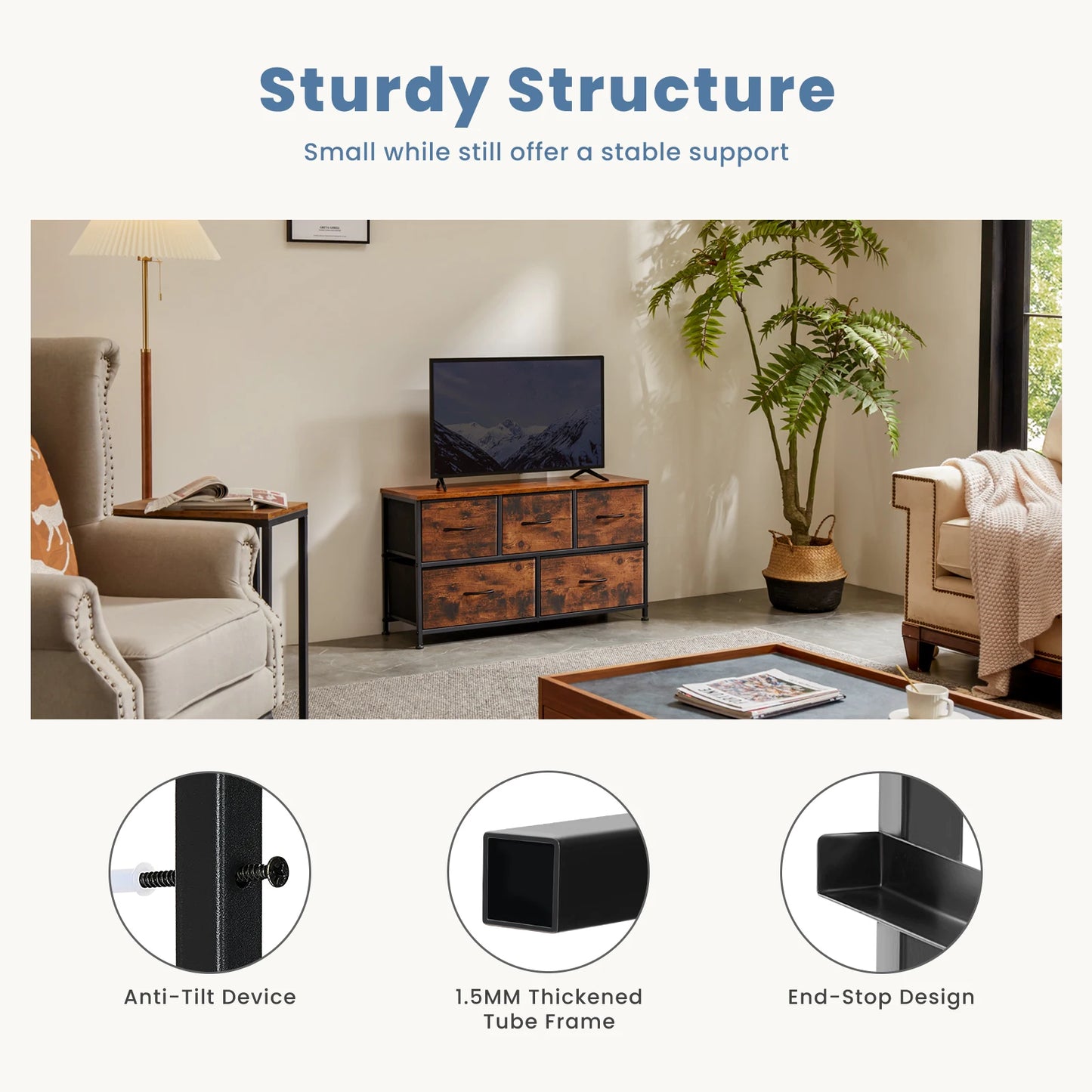 JHK Living Room Display Cabinet With Fabric Drawers And Steel Frame