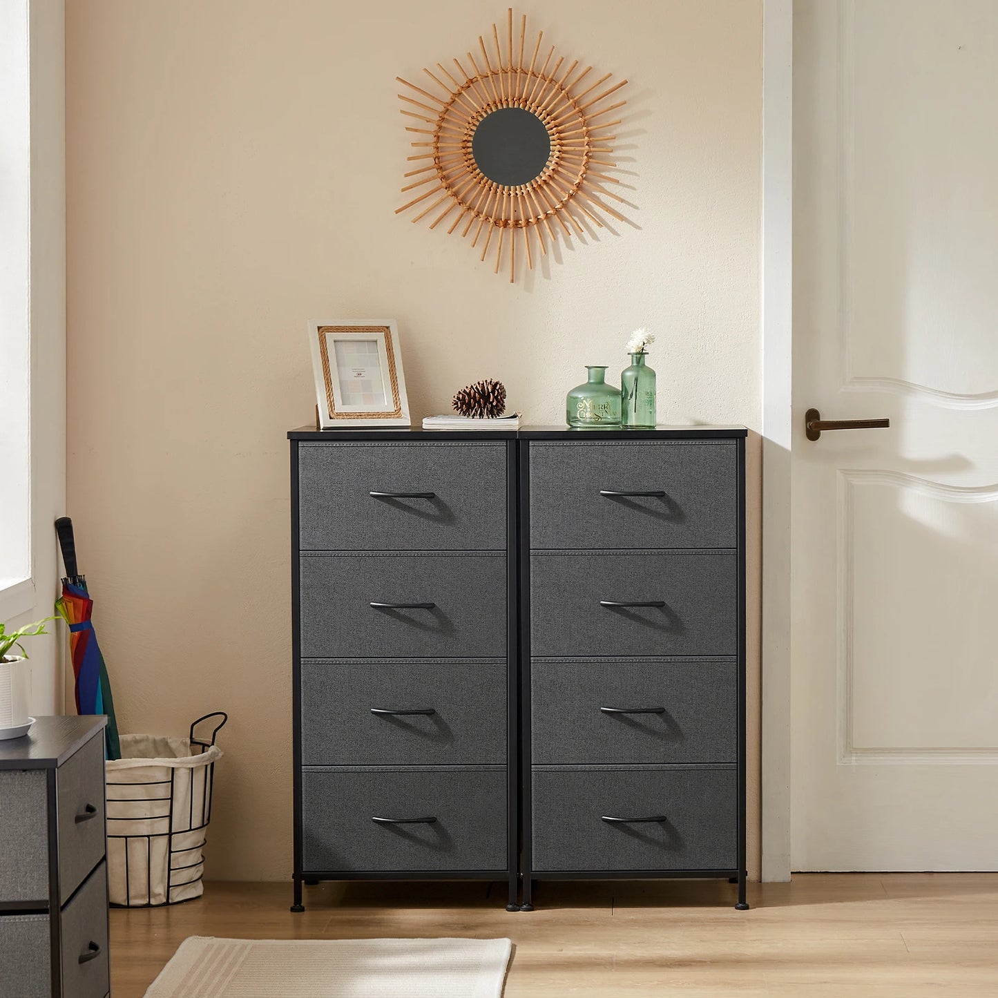 JHK Dresser With Four Fabric Drawers And Wardrobe Steel Frame Bedroom Storage