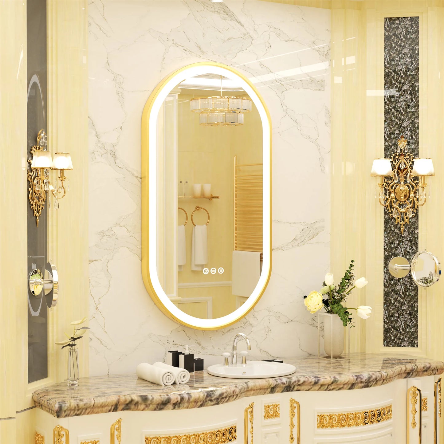 Large LED Oval Bathroom Mirror with Stepless Dimmable Lighted Vanity Mirror for Wall Mounted Vanity with Frame Anti-Fog Memory
