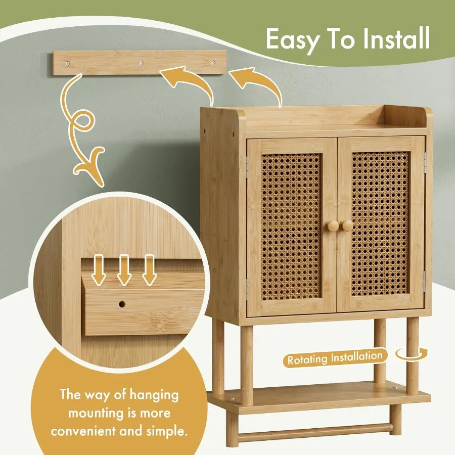 XIUWO Bamboo Over Toilet Wall Mounted Medicine Cabinet With Towel Bar