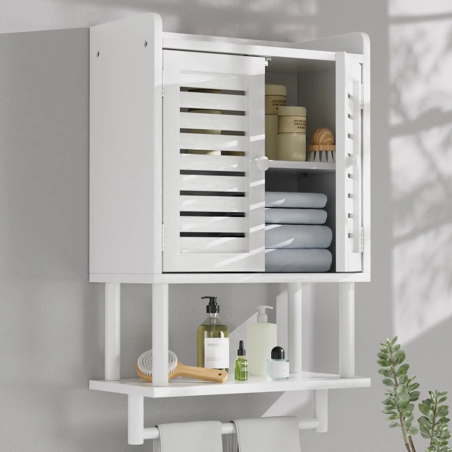 XIUWO Bamboo Over Toilet Wall Mounted Medicine Cabinet With Towel Bar