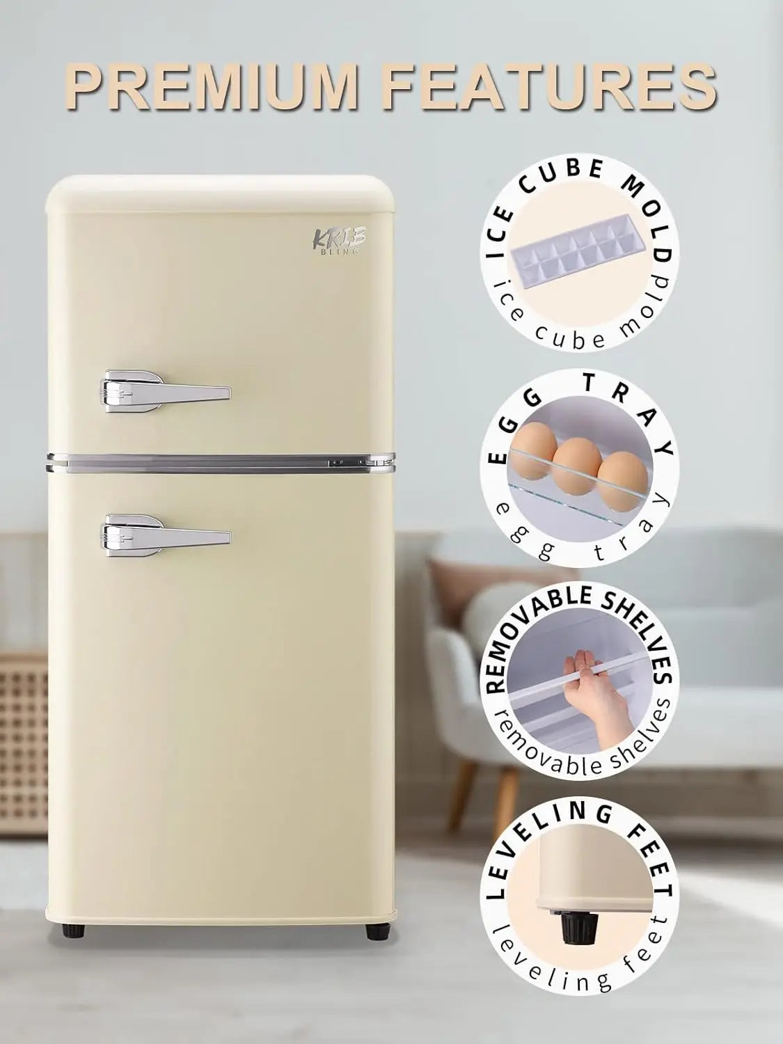 Krib Bling Retro Compact Refrigerator With Freezer For Home Office