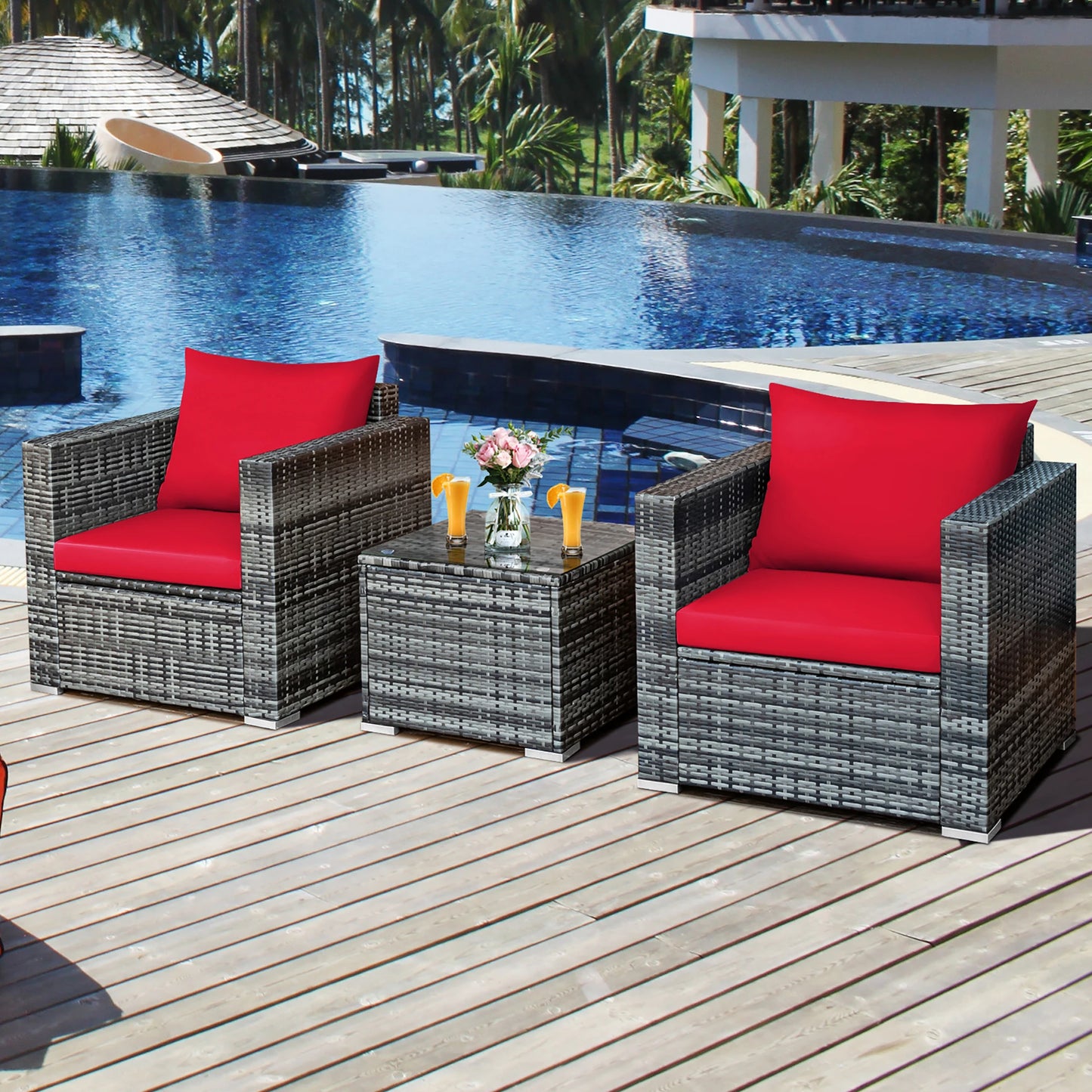 HOMASIS 3-Piece Patio Rattan Bistro Set with Cushioned Seating