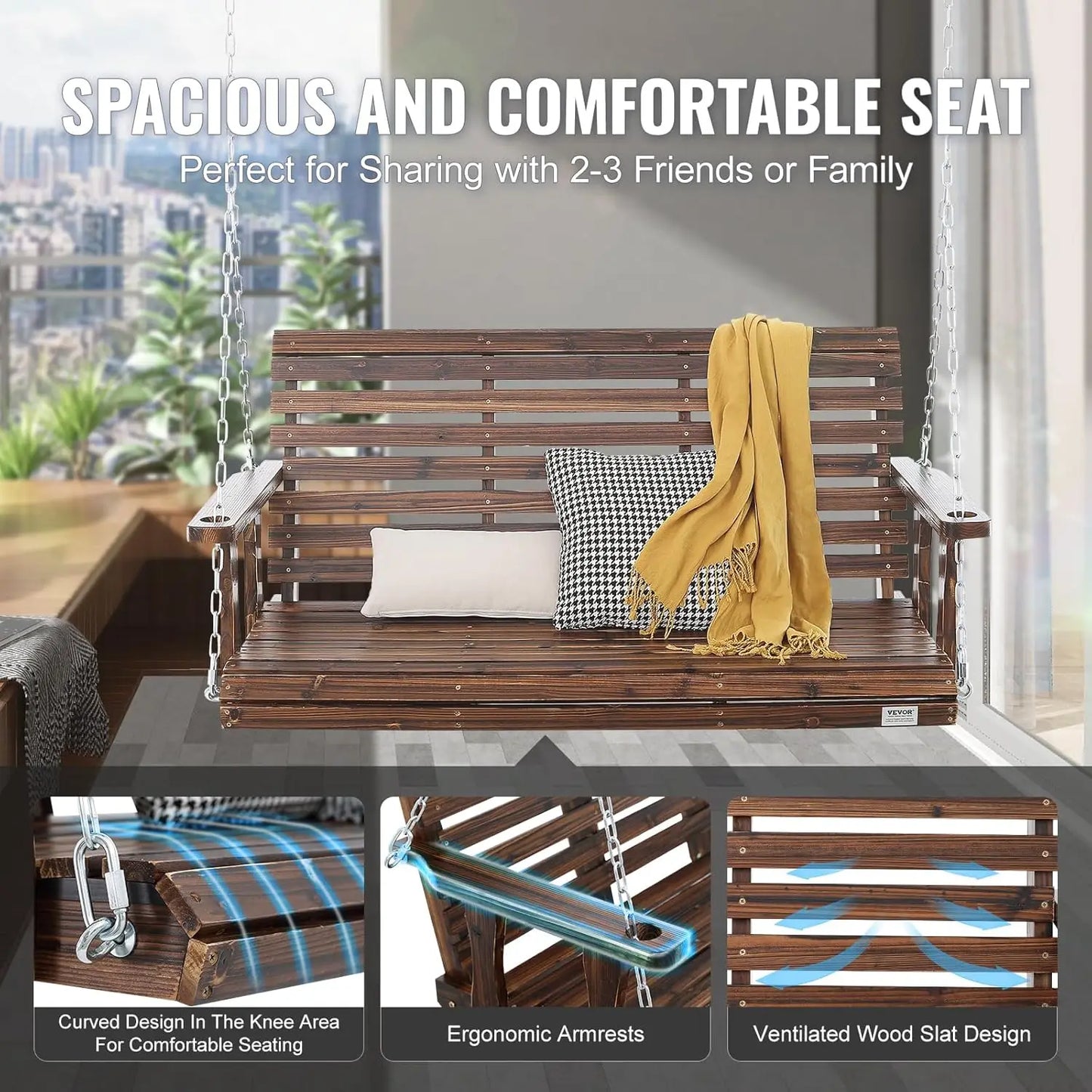 Outdoor Wooden Porch Swing Heavy Duty For Patio Garden Courtyard