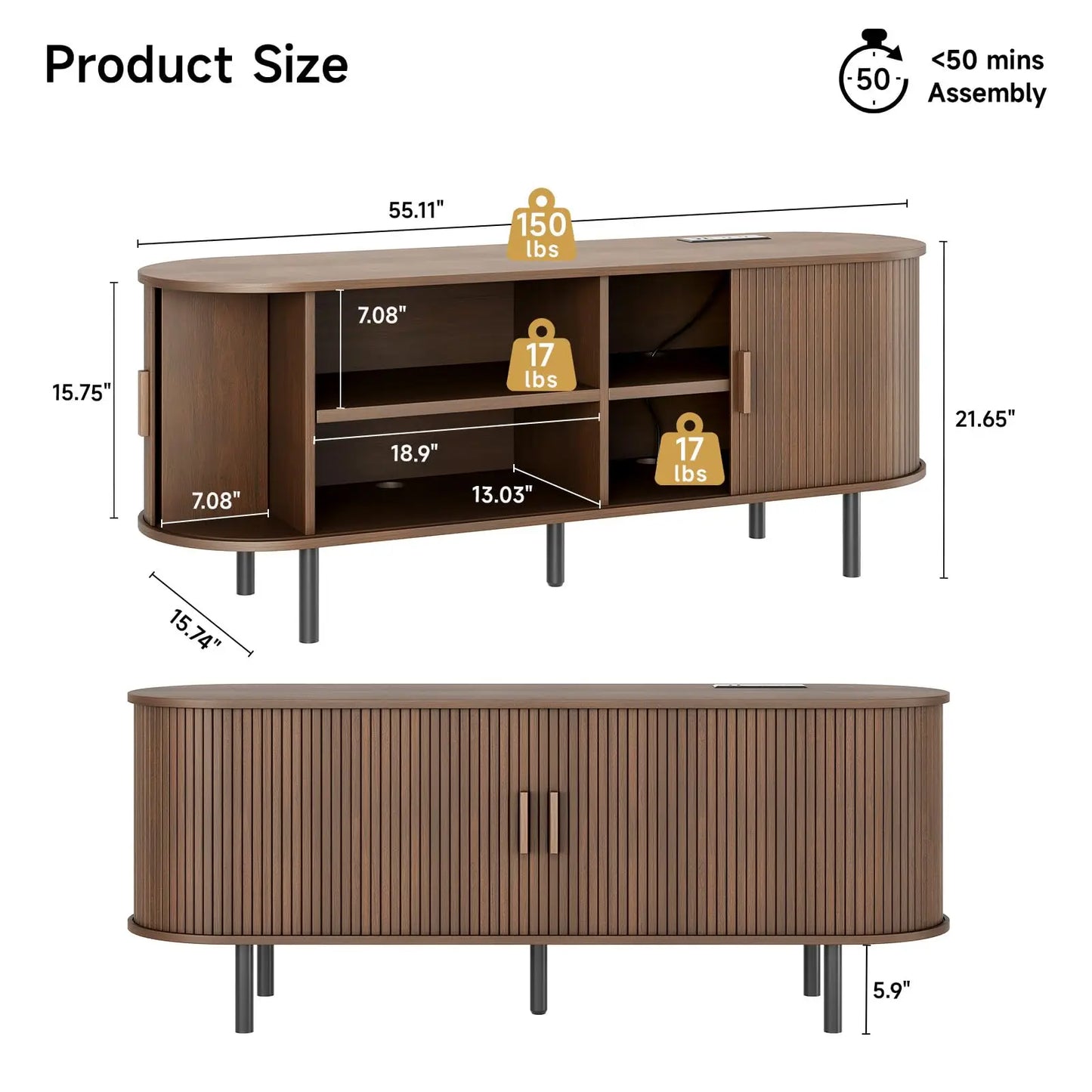 ONBRILL TV Stand With Power Outlet Sliding Doors And Adjustable Shelves