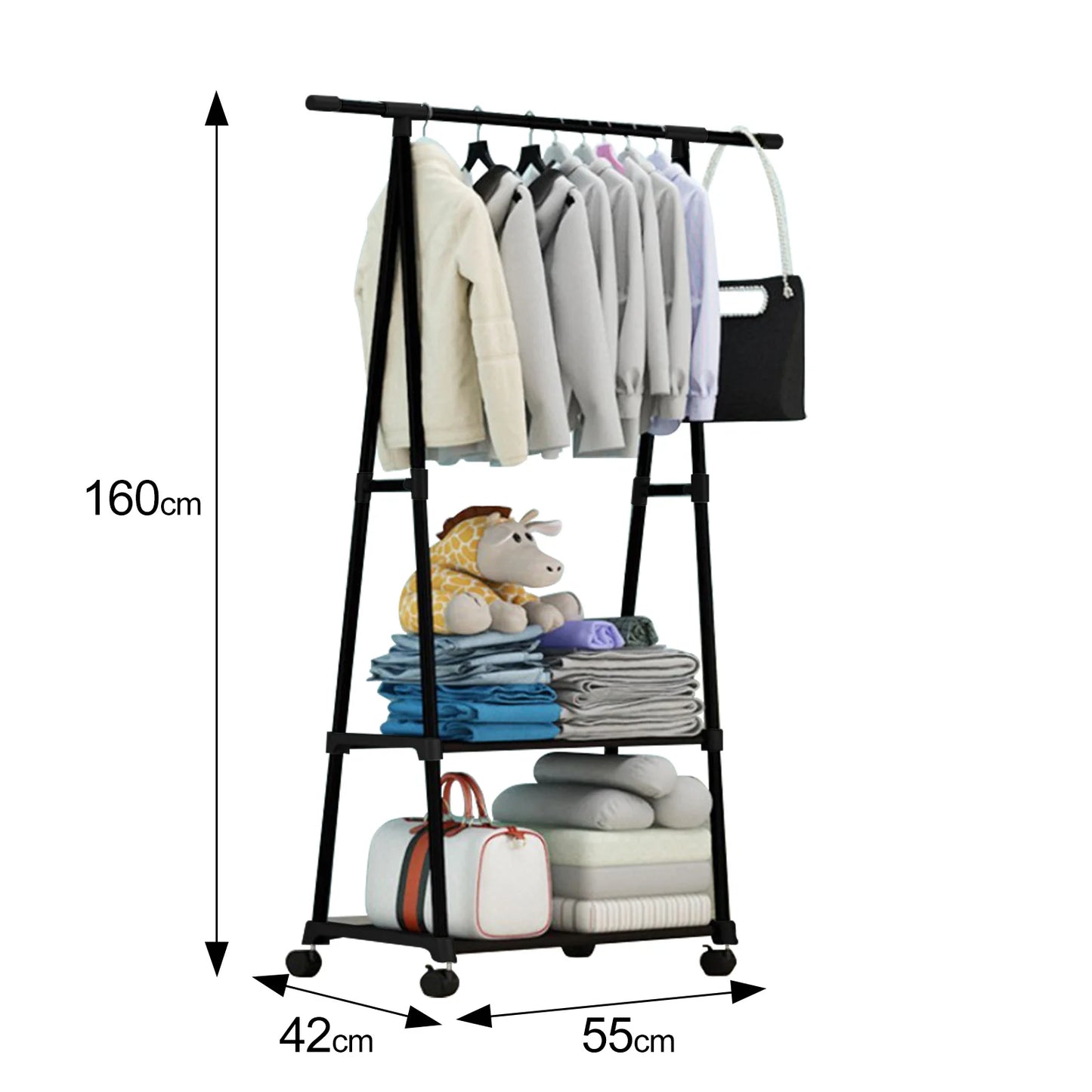 Stainless Steel 2-Tier Clothes Rack With Wheels And Hooks