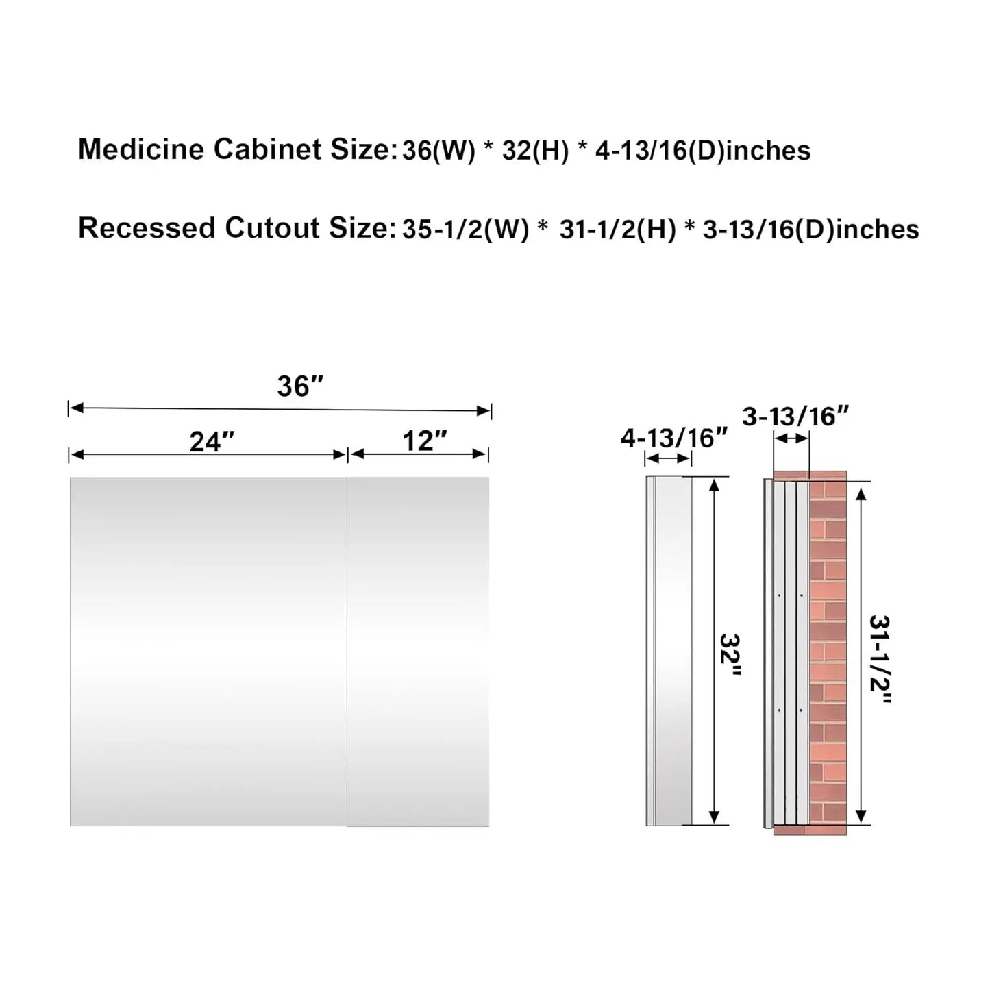 36" x 32" Bathroom Medicine Cabinet with Mirror, Surface Mount or Recessed Medicine Cabinet, Anodized  Aluminum Frame Bath