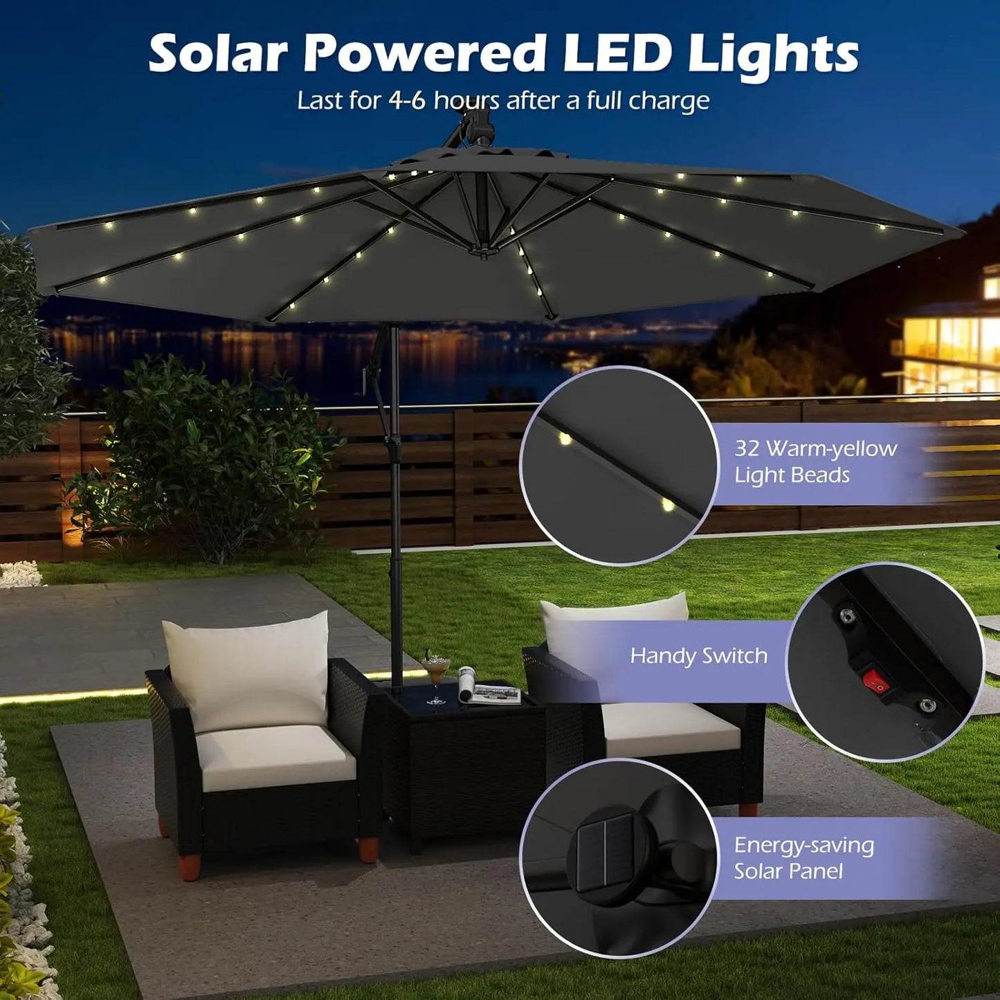 Solar Cantilever Patio Umbrella With Base Included And LED Lights