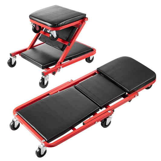 Foldable Garage Creeper Stool With Wheels Padded Seat Tool Tray