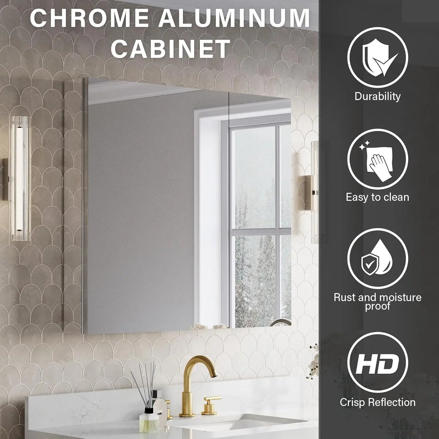 36" x 32" Bathroom Medicine Cabinet with Mirror, Surface Mount or Recessed Medicine Cabinet, Anodized  Aluminum Frame Bath