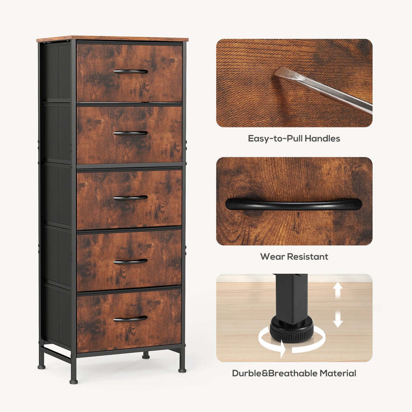JHK Modern Dresser With Five Fabric Drawers And Nightstand