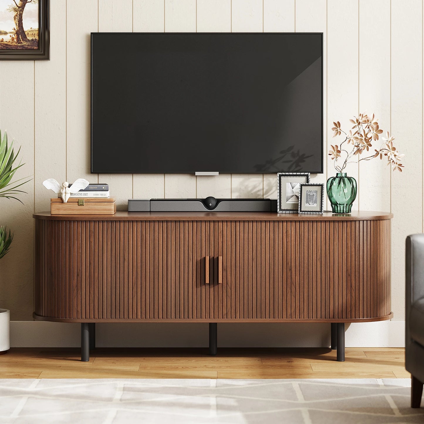 ONBRILL TV Stand With Power Outlet Sliding Doors And Adjustable Shelves