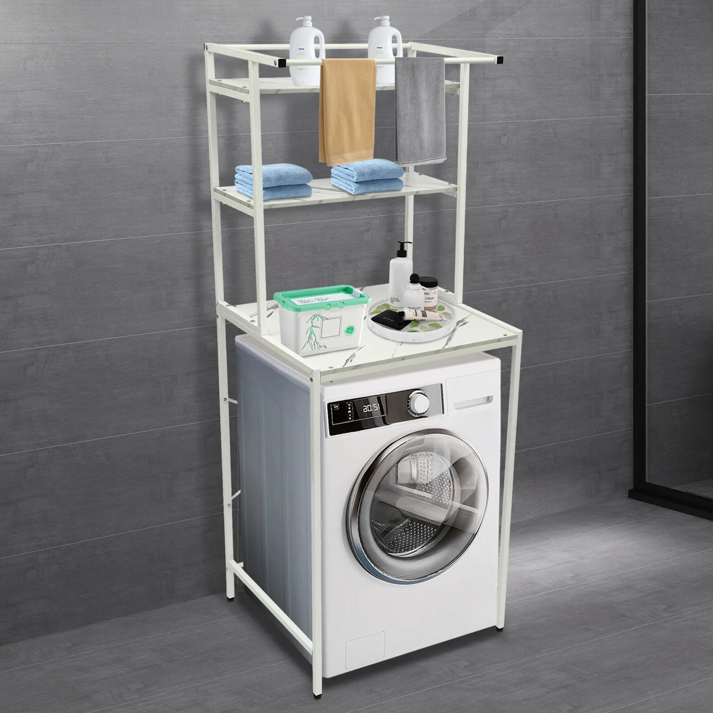 Three-Tier Over Washer And Dryer Storage Shelf For Hanging Towels