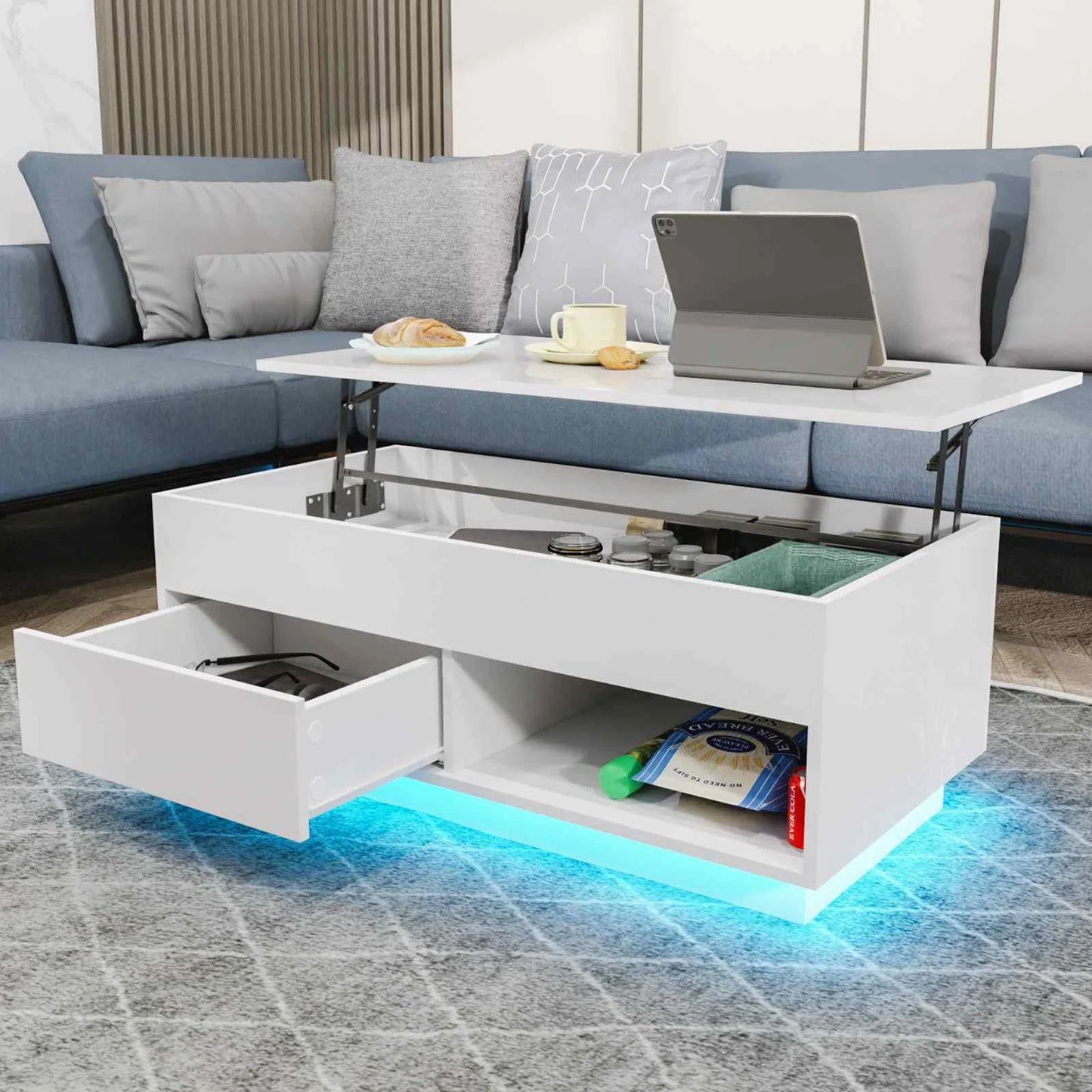 Hommpa LED Lift Coffee Table With Height Adjustment