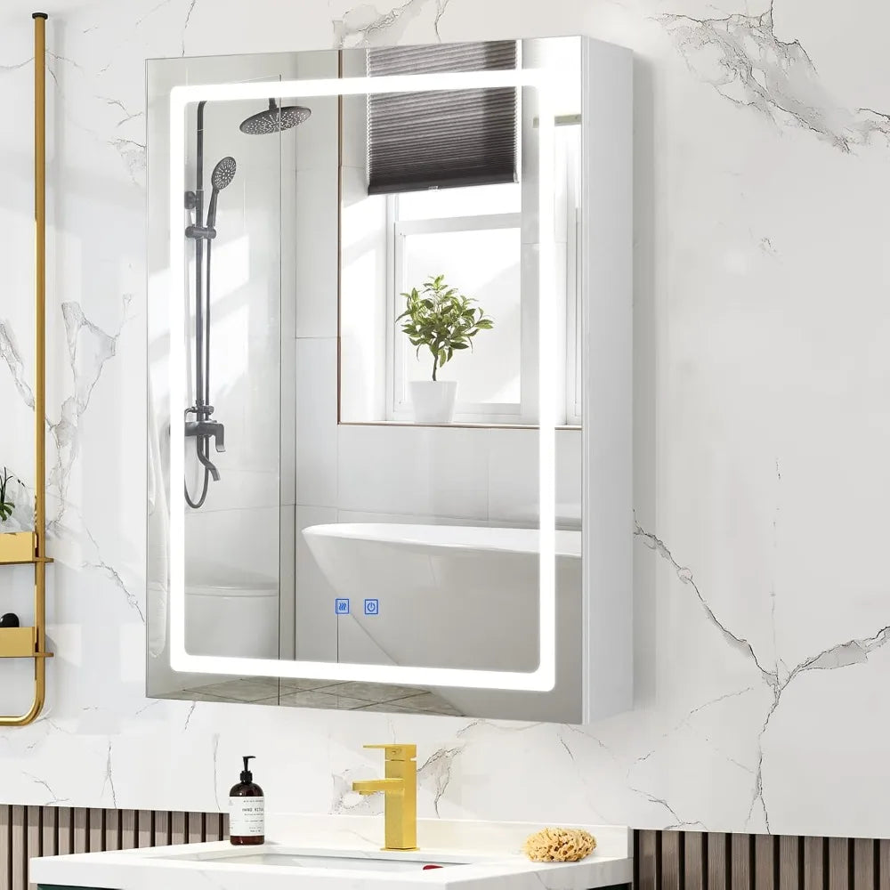 Anti-Fog Lighted Bathroom Medicine Mirror Cabinet, Medicine Cabinet with Mirror and Lights, Dimmable, Adjustable Shelves