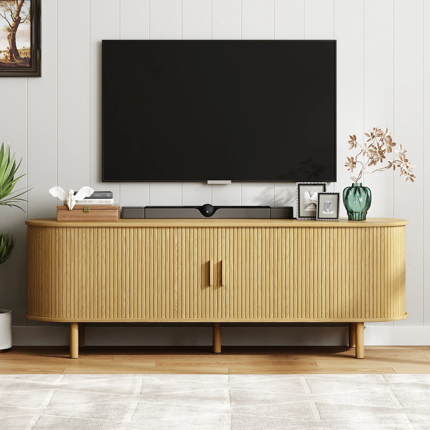 ONBRILL TV Stand With Power Outlet Sliding Doors And Adjustable Shelves