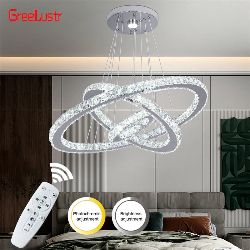 Modern Crystal Ring LED Chandelier Pendant Light With Dimming Remote