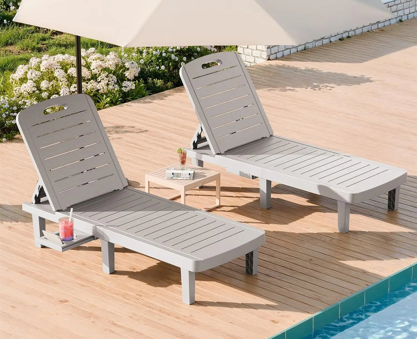 Waterproof Adjustable Resin Chaise Lounge Chair Set With Cup Holder