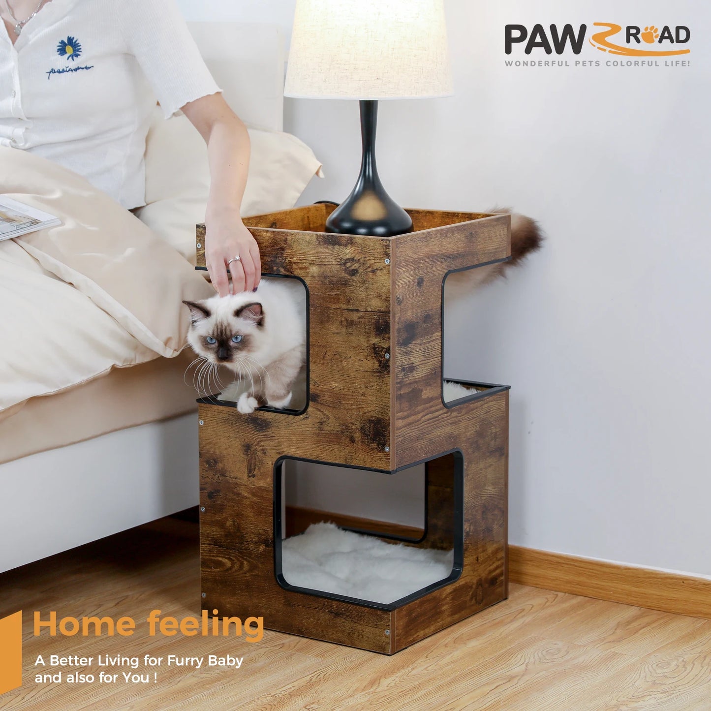 PAWZ Road Wood Cat Condo House Bed With Removable Mats And Scratching Pad