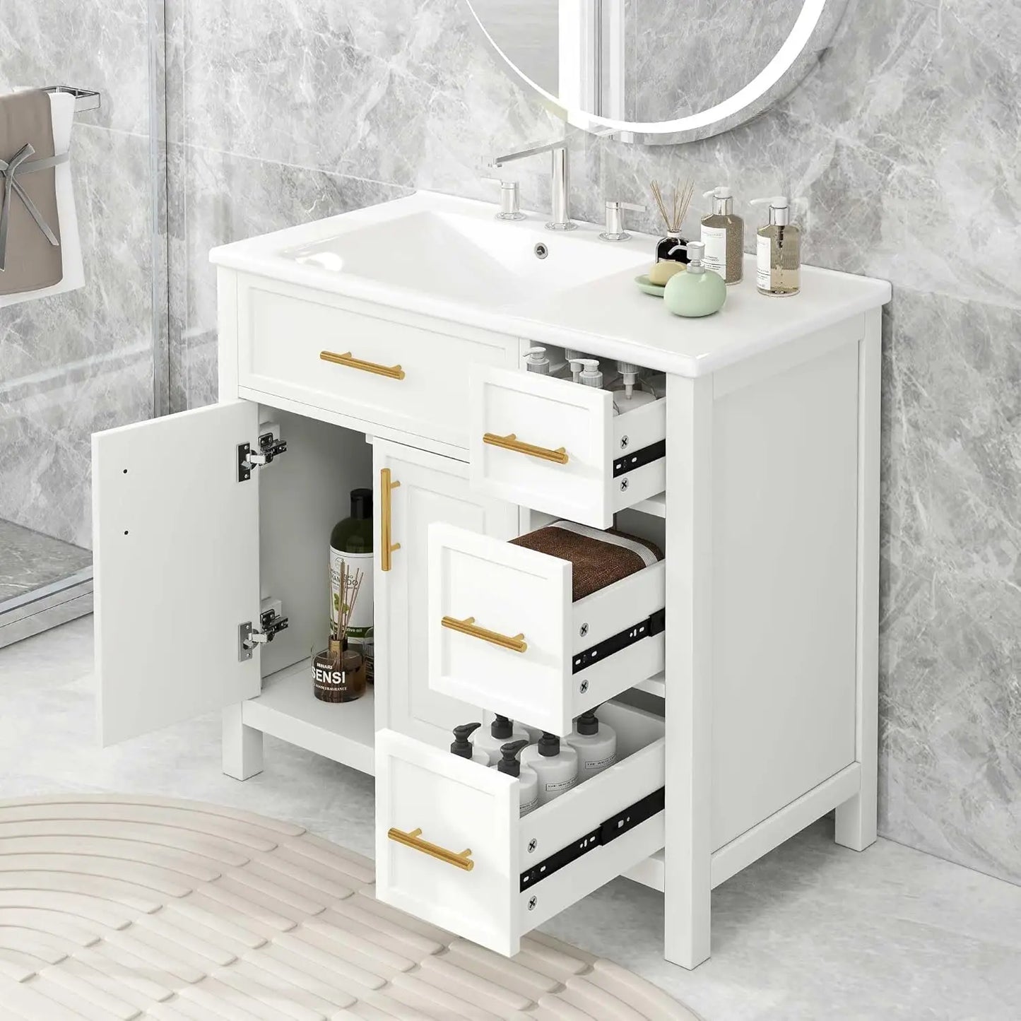 36" Bathroom Vanity with Sink, Bathroom Cabinet with Two Doors and Three Drawers, White Undermount Left Side, Customized