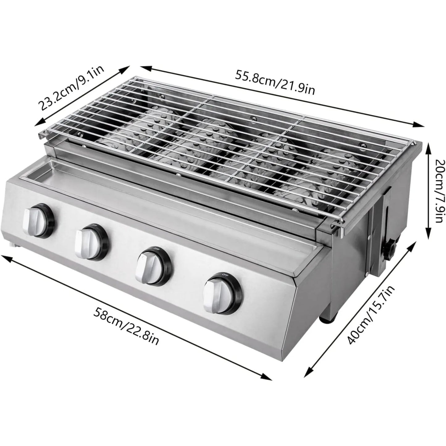 Portable 4-Burner Stainless Steel Tabletop Gas Grill Smokeless For Camping