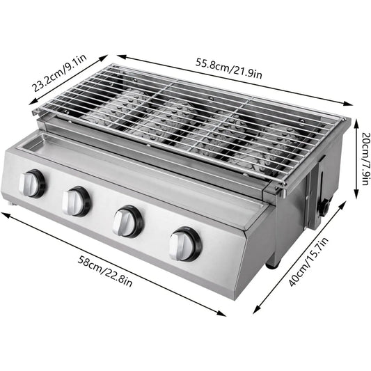 Portable 4-Burner Stainless Steel Tabletop Gas Grill Smokeless For Camping