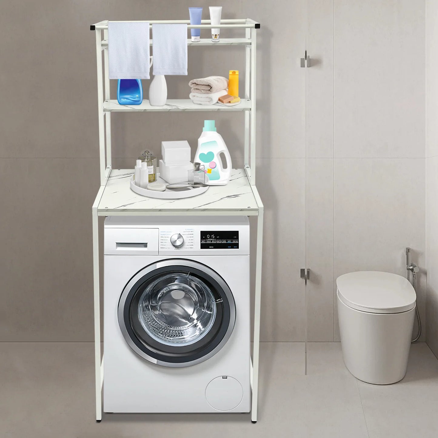 Three-Tier Over Washer And Dryer Storage Shelf For Hanging Towels