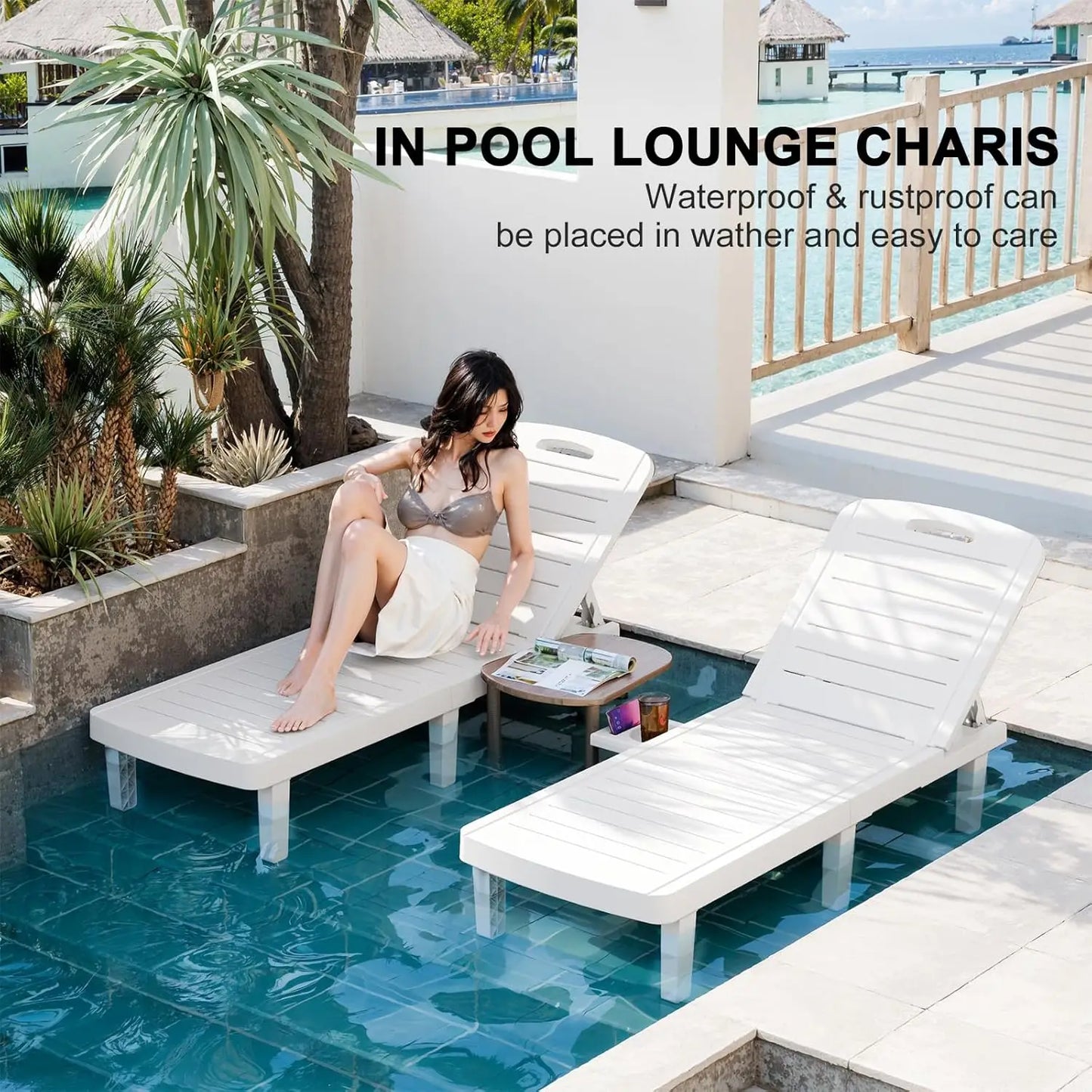 Waterproof Adjustable Resin Chaise Lounge Chair Set With Cup Holder
