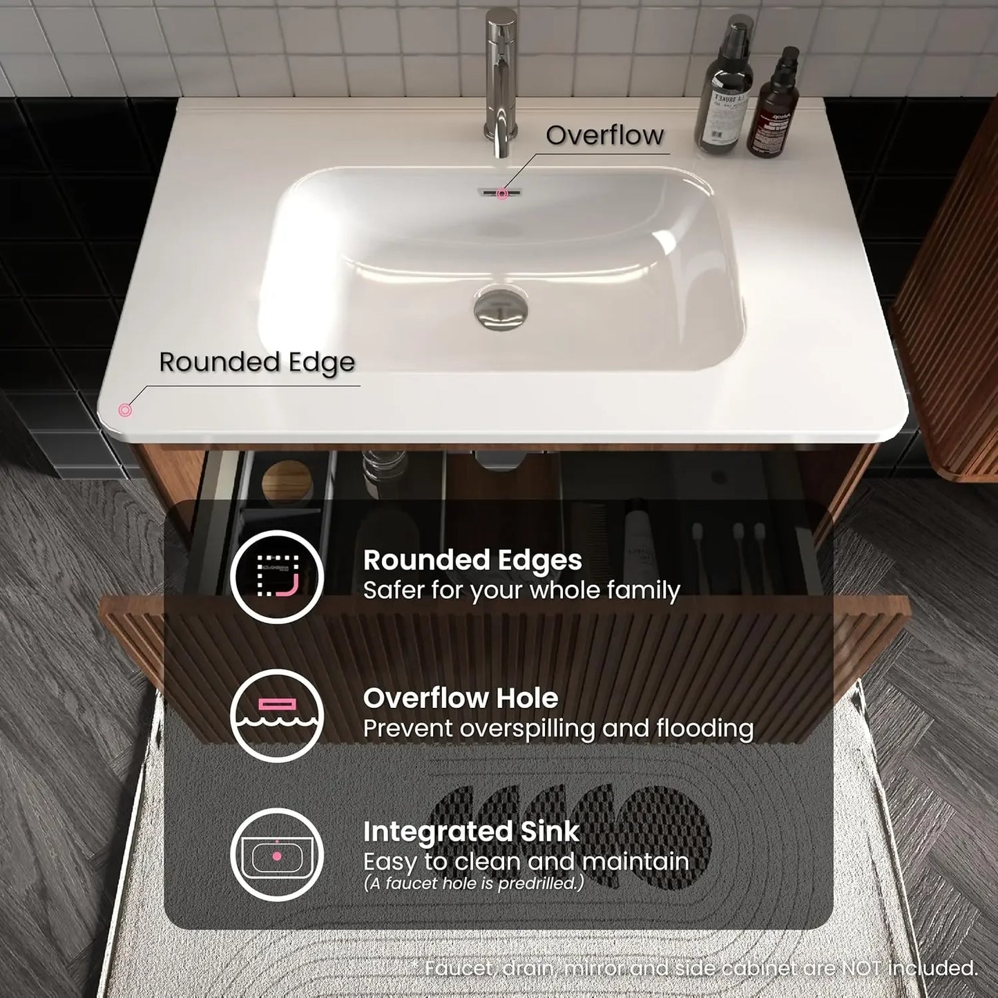 30" Bathroom Vanity with Sink, Modern Floating Vanity with Push Open Soft Close Drawer, Large Storage for Small Space, Walnut