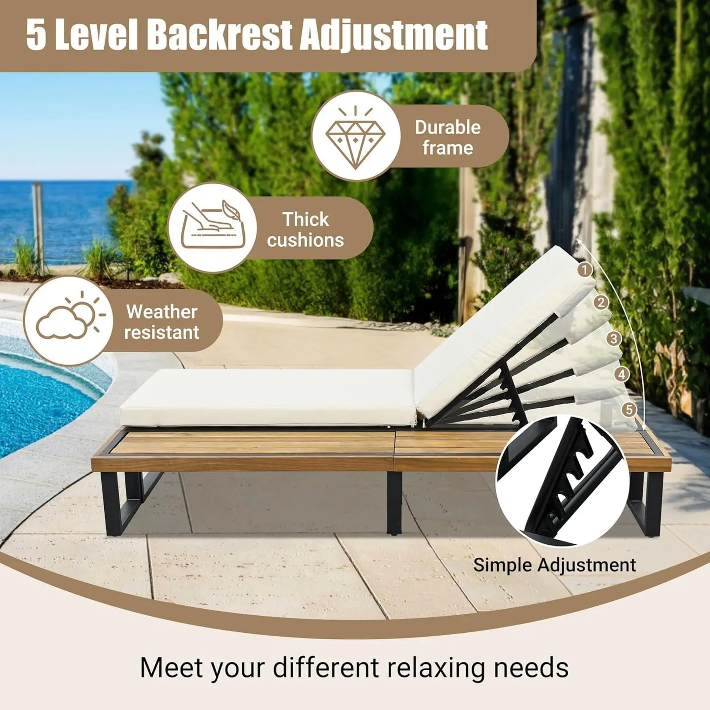 5-Position Adjustable Outdoor Chaise Lounge Set with Steel Frame