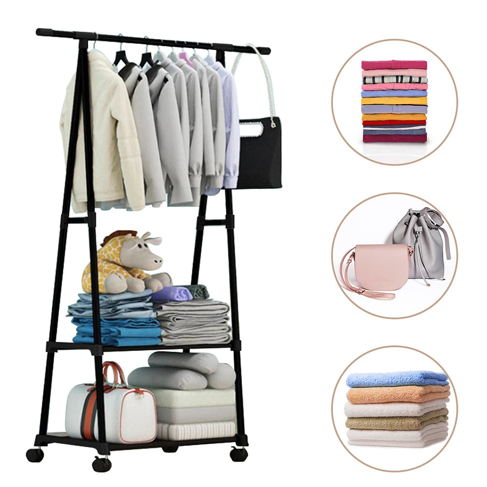 Stainless Steel 2-Tier Clothes Rack With Wheels And Hooks