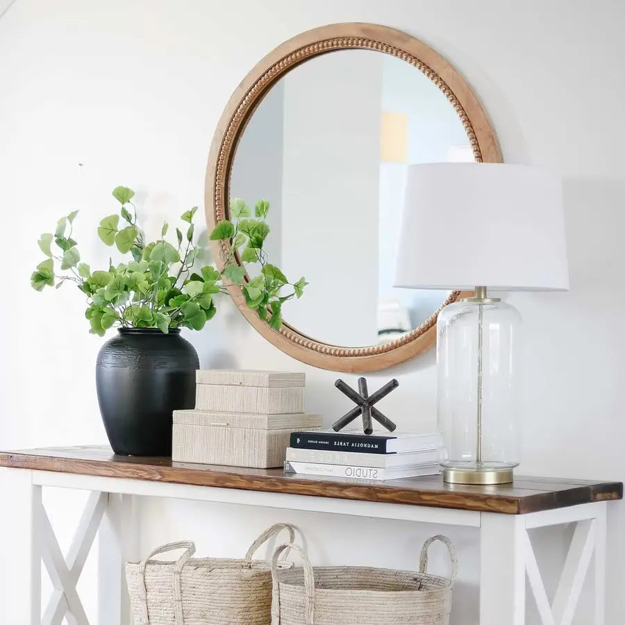 Round Wood Mirror,24 inch Circle Rustic Farmhouse Natural Wooden Frame Boho Beads Wall Mirror for Bathroom,Living Room,Bedroom o