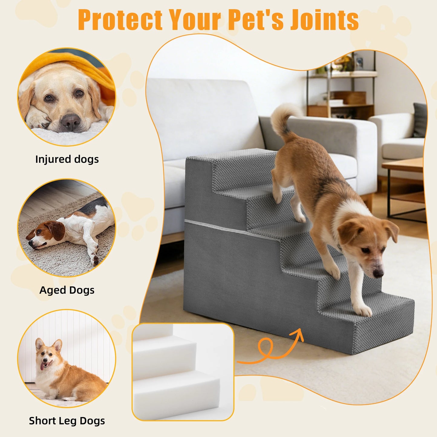 Right Angled Foam Dog Stairs 3 To 5 Steps For Small Dogs Indoor