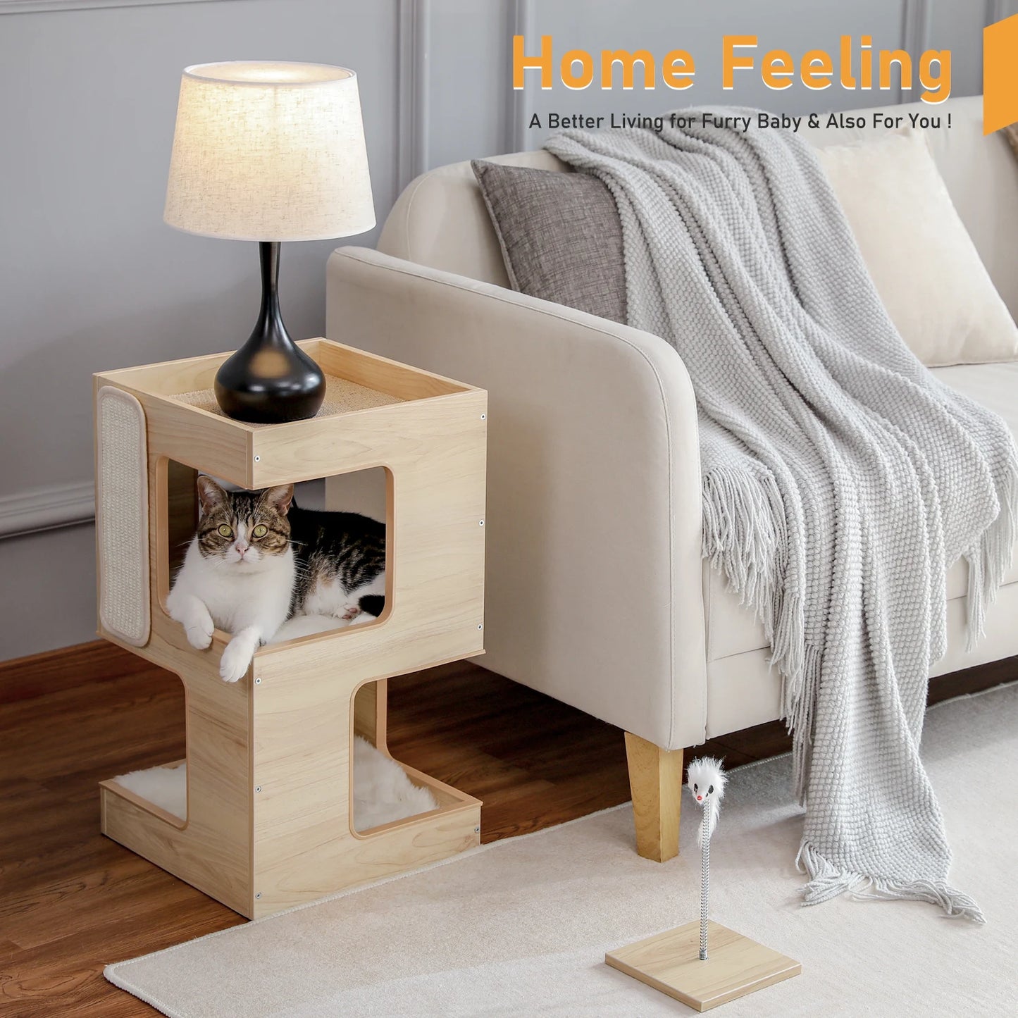 PAWZ Road Wood Cat Condo House Bed With Removable Mats And Scratching Pad