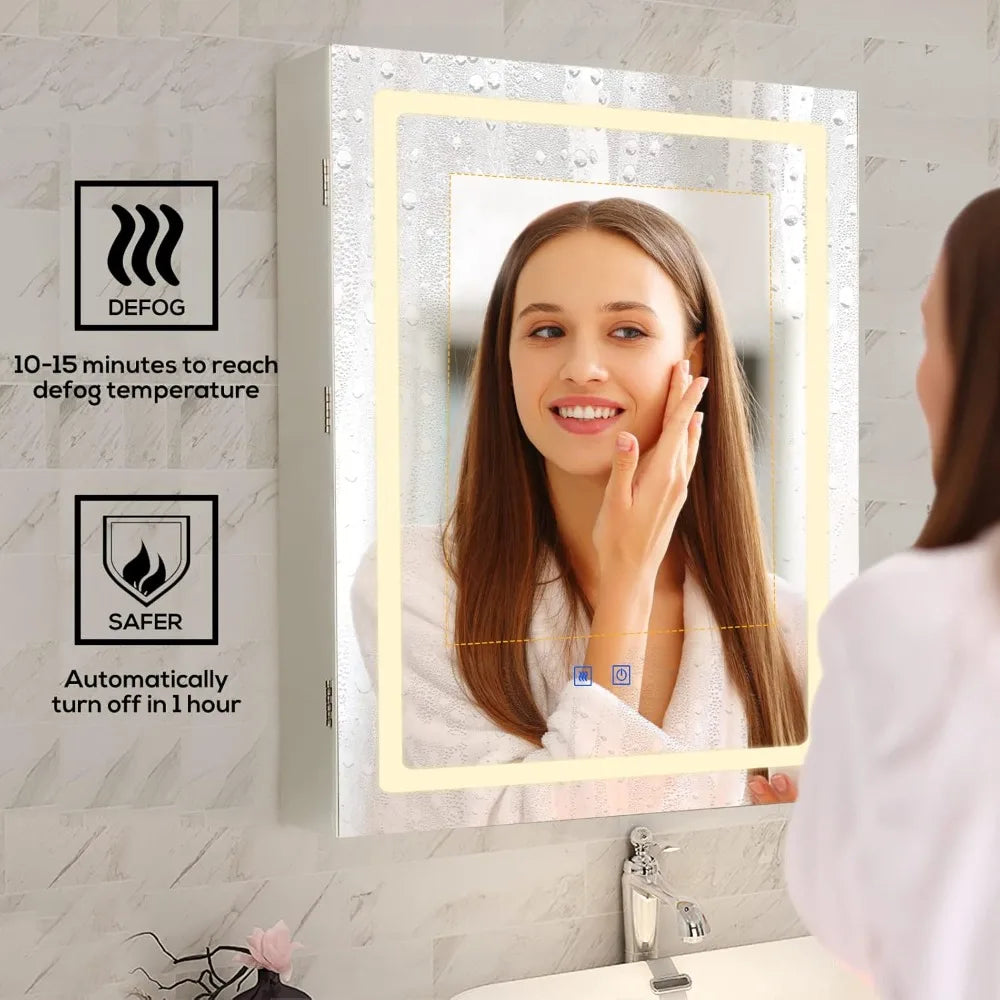 Anti-Fog Lighted Bathroom Medicine Mirror Cabinet, Medicine Cabinet with Mirror and Lights, Dimmable, Adjustable Shelves