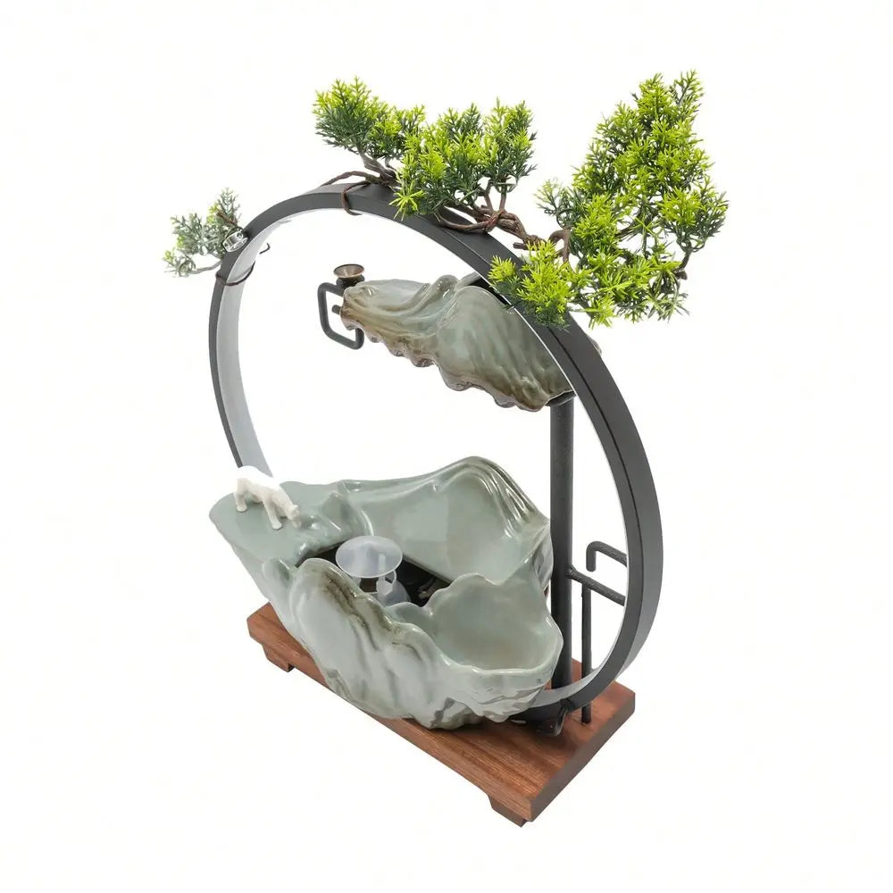 Tabletop Indoor Water Fountain With Fake Plants Mist Zen Decor