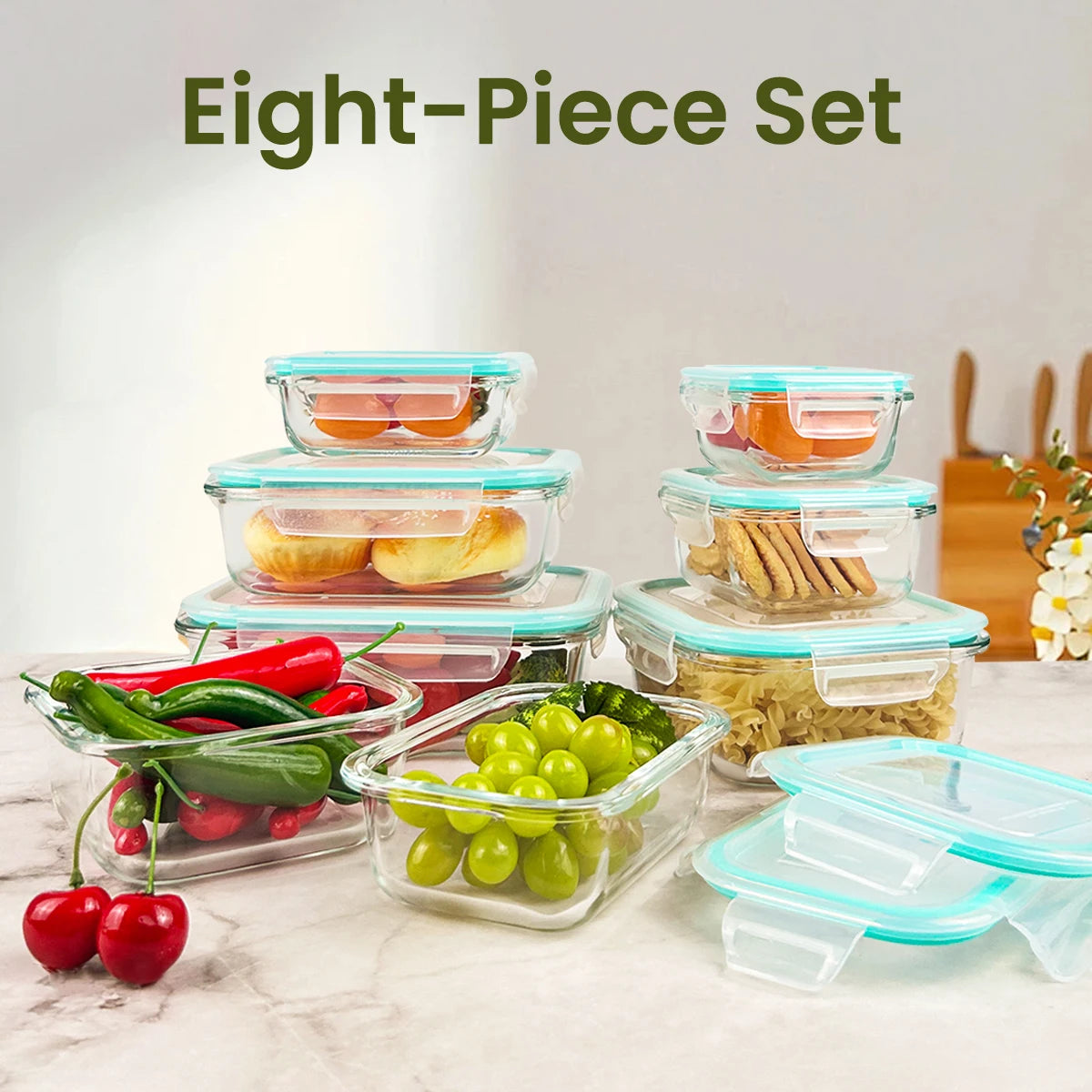 Glass Food Storage Containers Set Eight Pieces Leakproof Microwave Safe