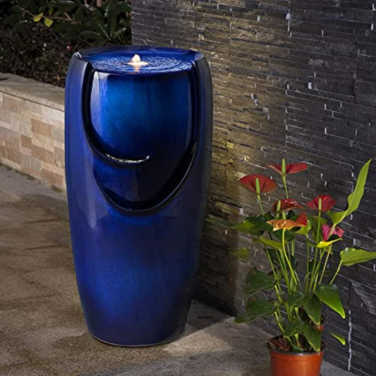 Outdoor Ceramic Jar Fountain With LED Light And Submersible Pump