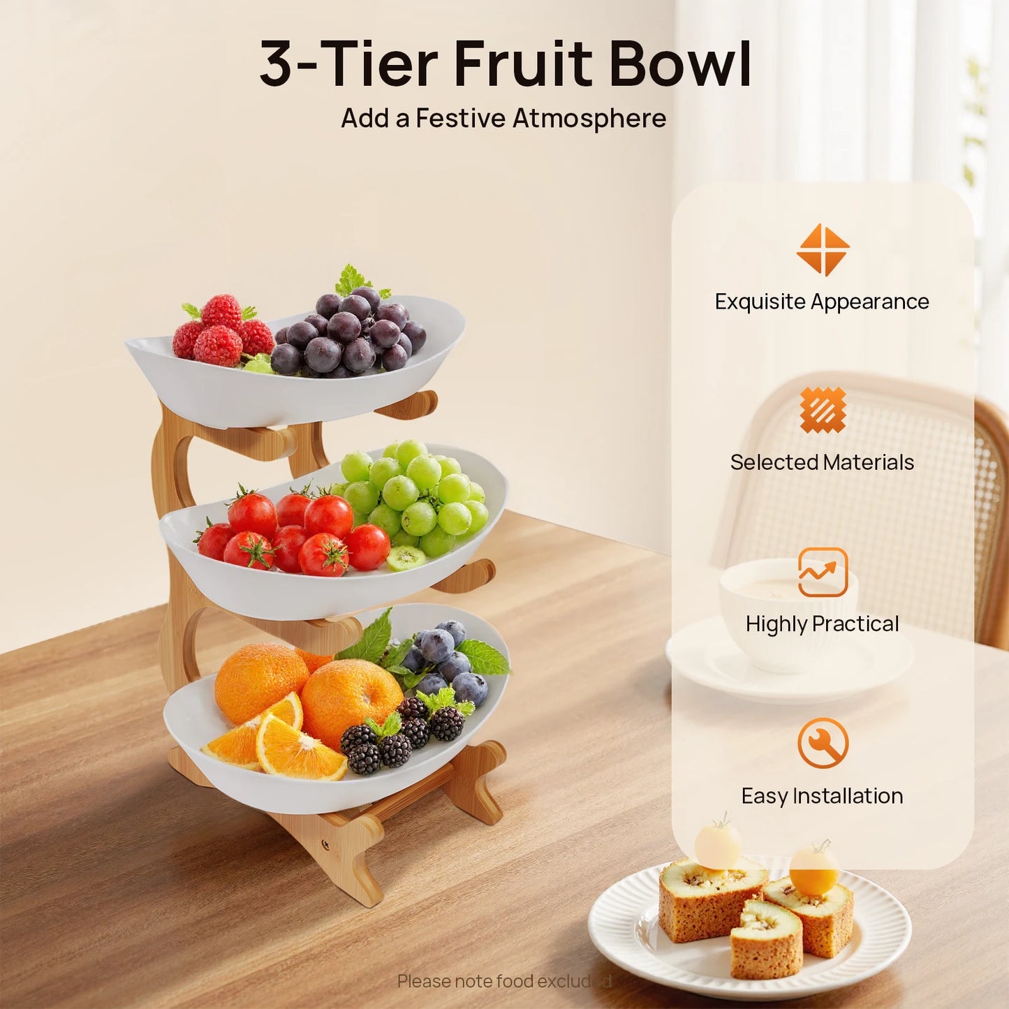 Three Tier Fruit Plate With Bamboo Stand For Weddings