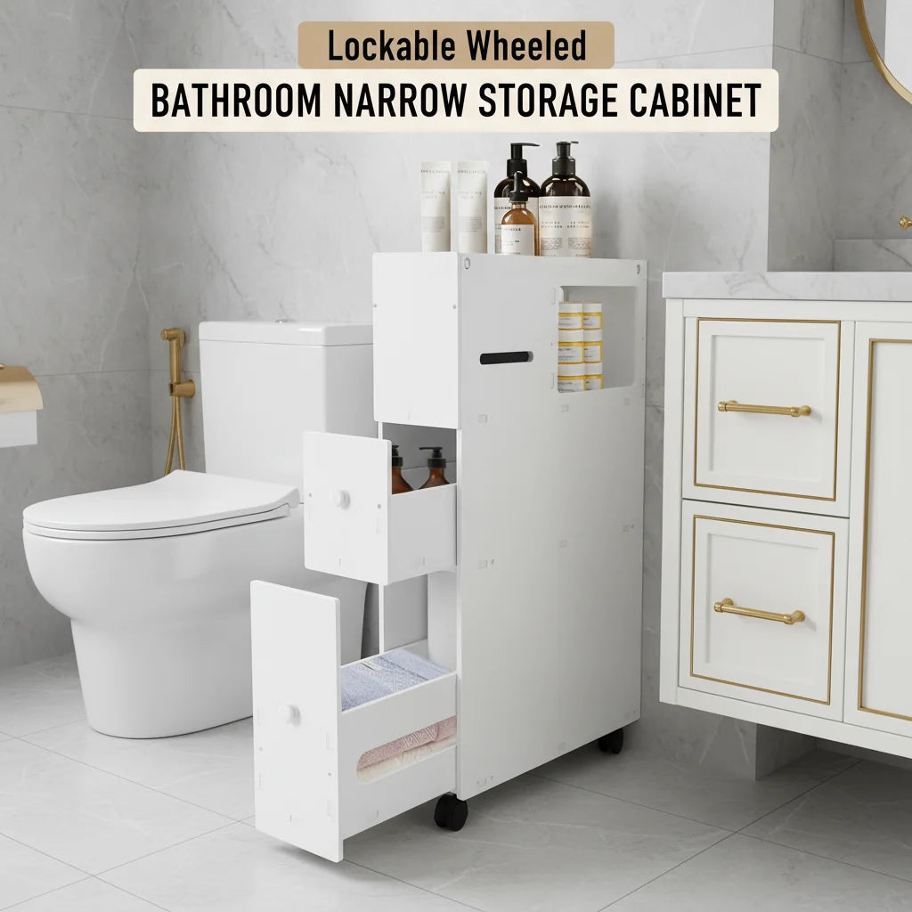 Bymaocar Bathroom Storage Cabinet Narrow Lockable Wheeled Organizer