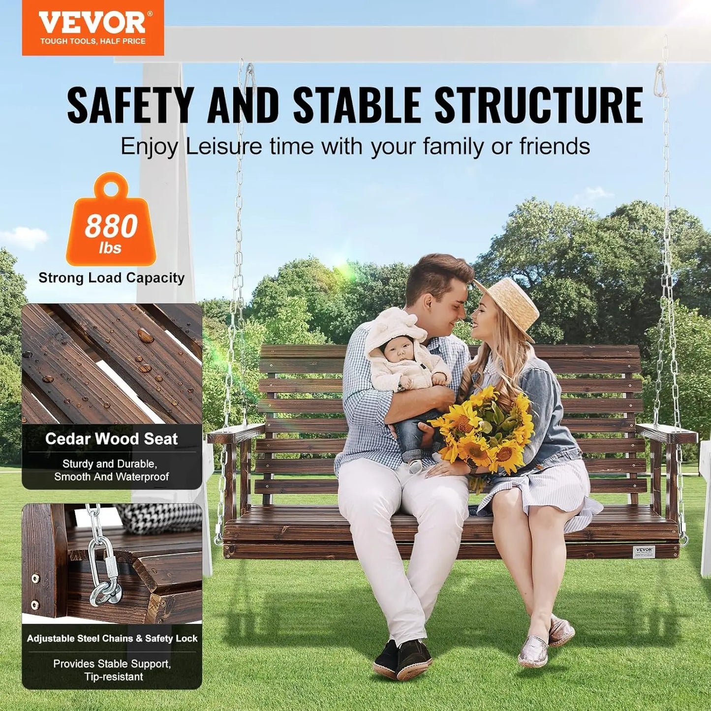 Outdoor Wooden Porch Swing Heavy Duty For Patio Garden Courtyard