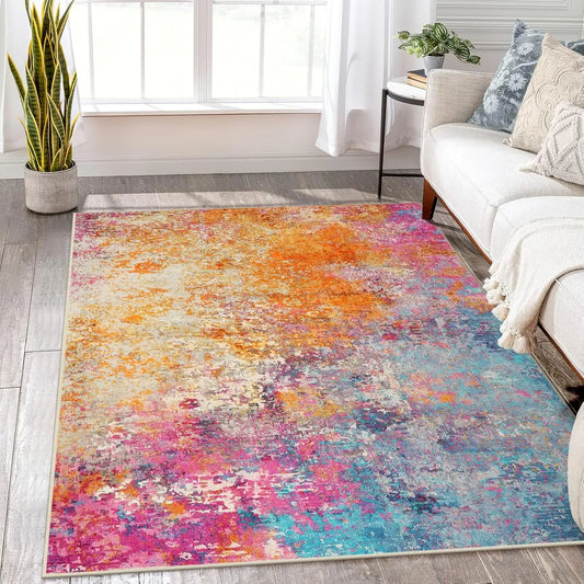 Modern Abstract Washable Rug Non Slip Low Pile Living Room