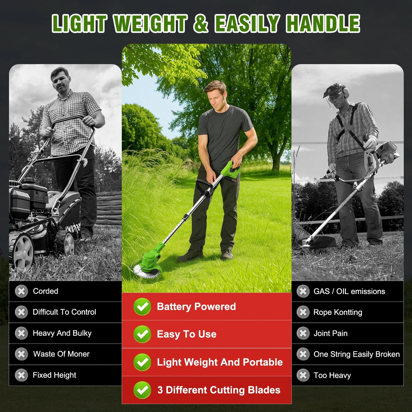 2-in-1 Cordless Lawn Mower and Grass Trimmer Brushless 650W